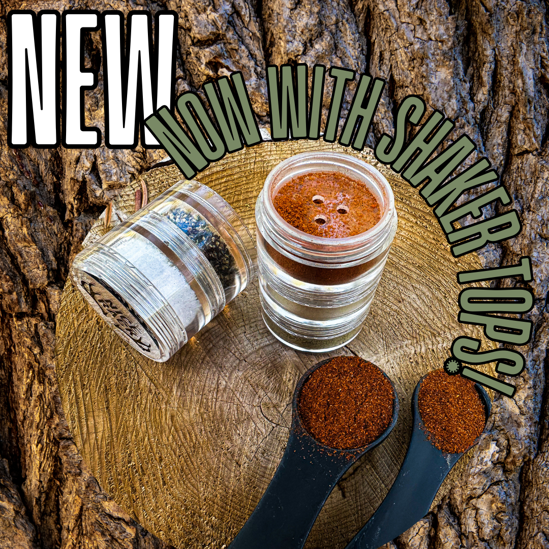 NICE RACK filled with Organic Spices, nice rack has patented spice shaker tops that are removable and refillable reusable